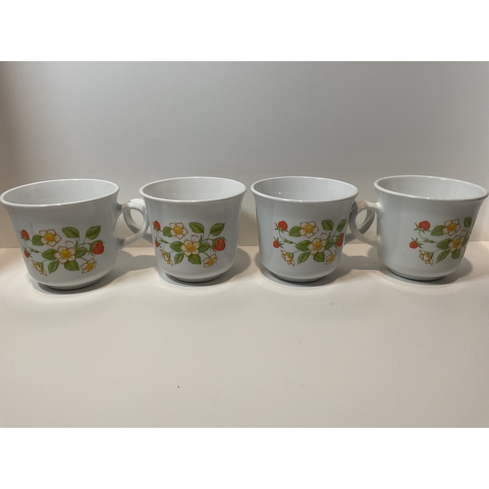 Corelle by Corning Strawberry Fields Mugs Set of 4 White Fruit Flower Design
